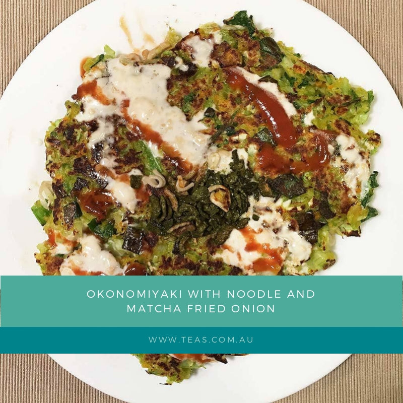 Okonomiyaki with Noodle and Matcha Fried Onion