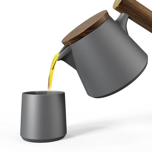 Teapot Set - Ceramic/Wood - 600ml - Grey